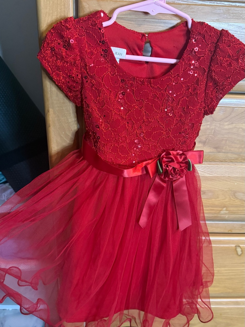 Bonnie Jean Red Lace Tulle Rosette Dress